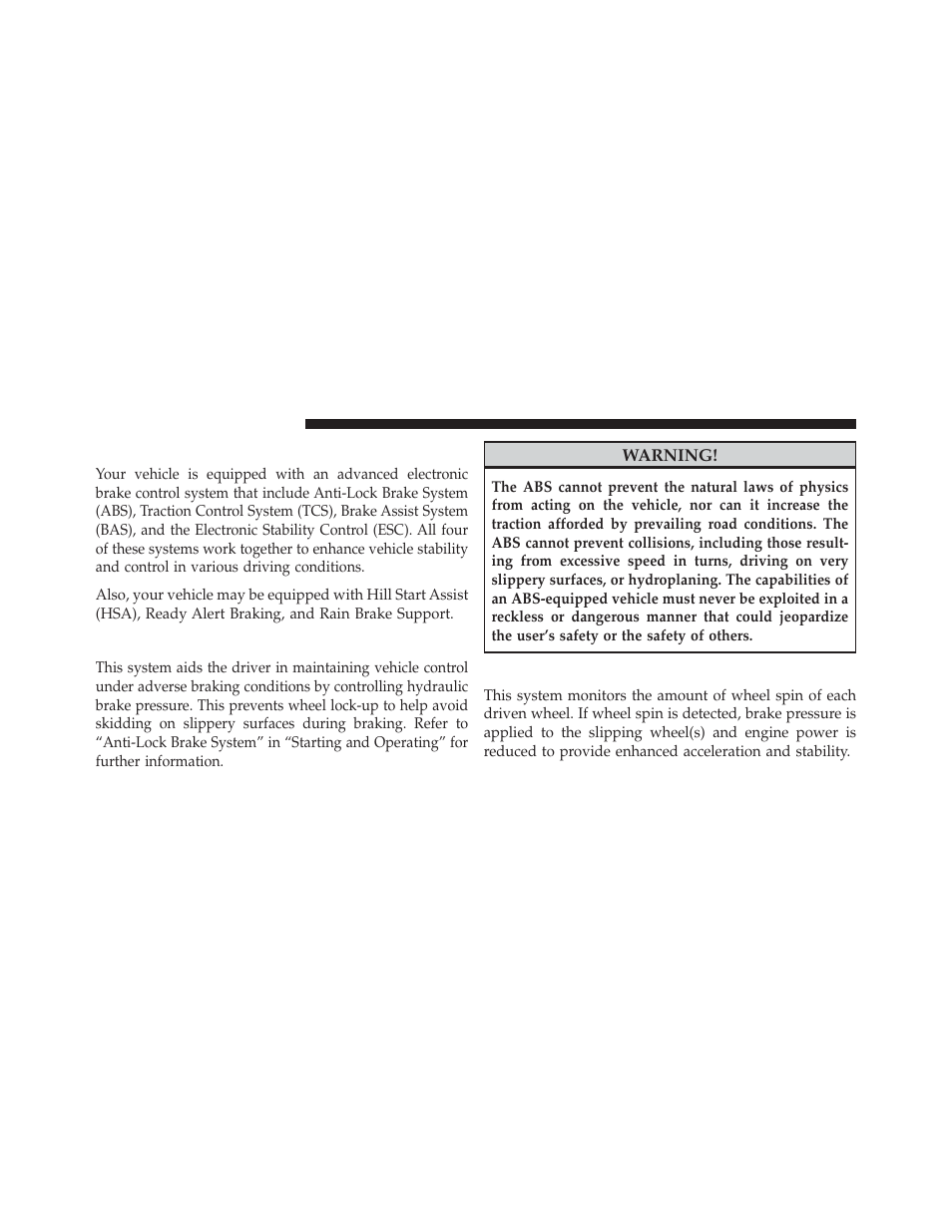 Electronic brake control system, Anti-lock brake system (abs), Traction control system (tcs) | Chrysler 2013 300 SRT - Owner Manual User Manual | Page 402 / 580