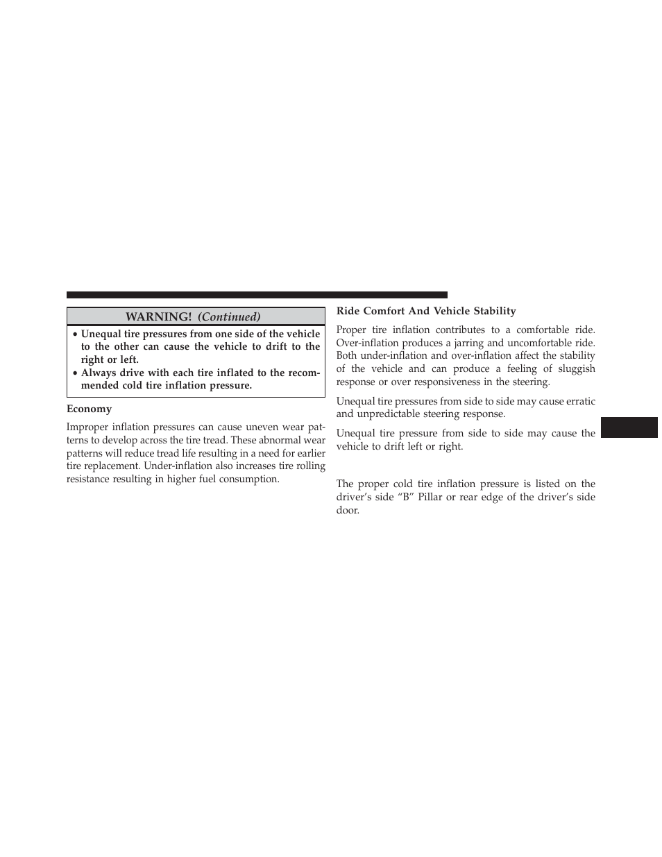 Economy, Ride comfort and vehicle stability, Tire inflation pressures | Chrysler 2013 300 SRT - Owner Manual User Manual | Page 423 / 580