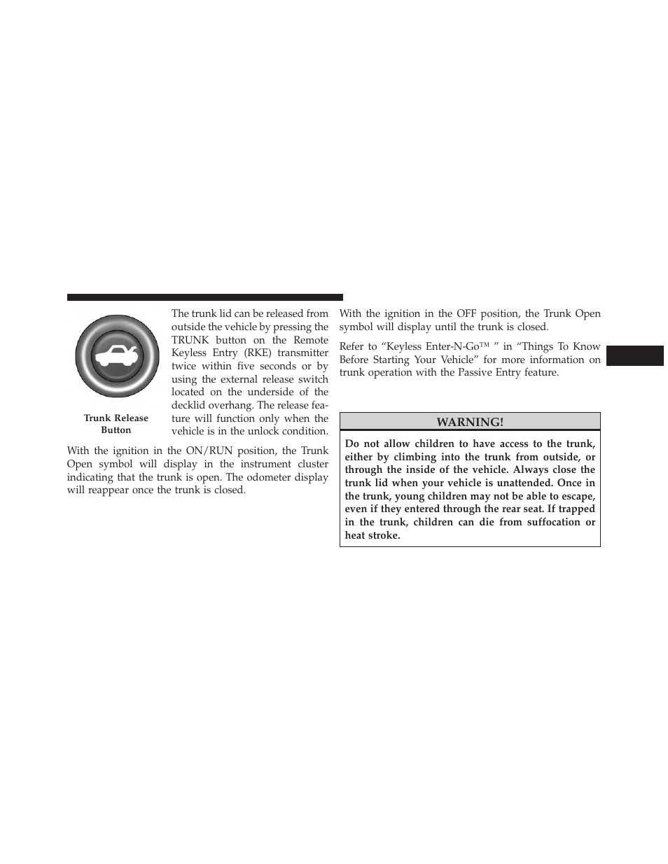 Trunk safety warning | Chrysler 2013 300 SRT - Owner Manual User Manual | Page 45 / 580