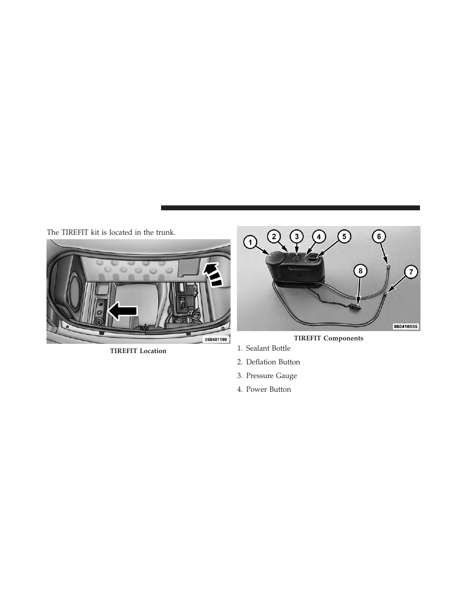 Tirefit storage, Tirefit kit components and operation | Chrysler 2013 300 SRT - Owner Manual User Manual | Page 456 / 580