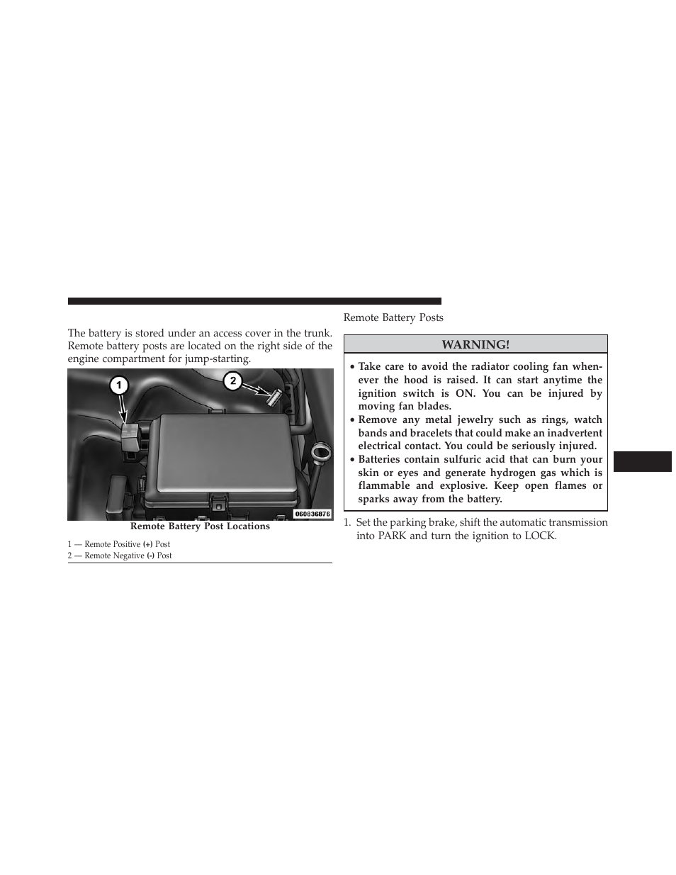 Preparations for jump-start | Chrysler 2013 300 SRT - Owner Manual User Manual | Page 467 / 580