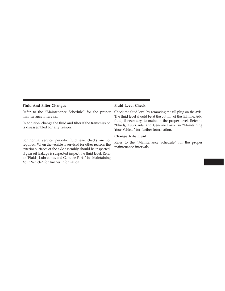 Fluid and filter changes, Rear axle, Fluid level check | Change axle fluid | Chrysler 2013 300 SRT - Owner Manual User Manual | Page 505 / 580