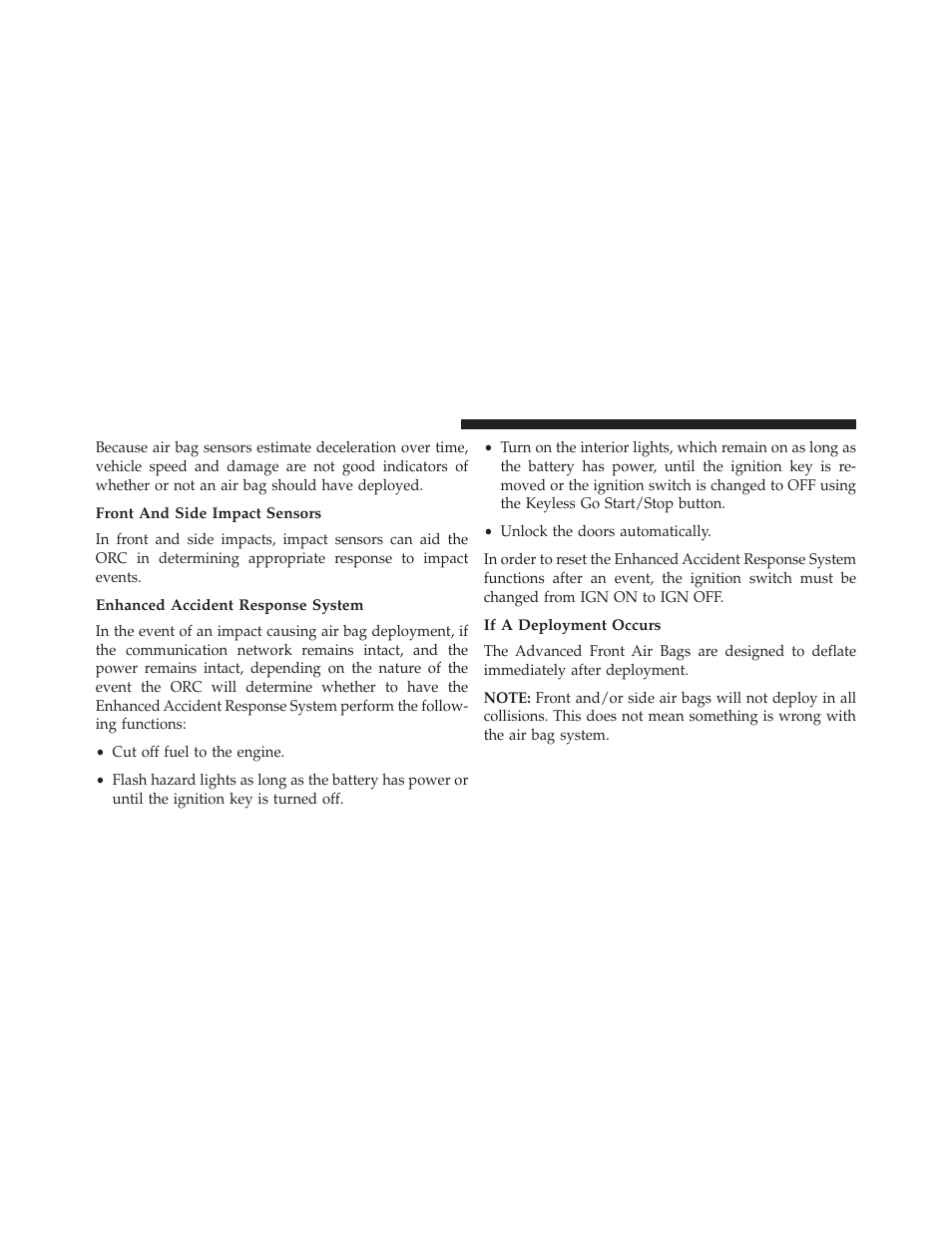 Front and side impact sensors, Enhanced accident response system, If a deployment occurs | Chrysler 2013 300 SRT - Owner Manual User Manual | Page 70 / 580