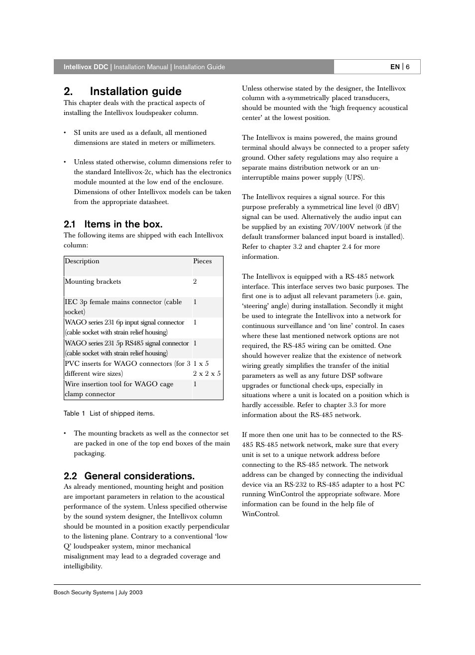 Installation guide, 1 items in the box, 2 general considerations | Bosch INTELLIVOX DDC LBC 325X User Manual | Page 5 / 30