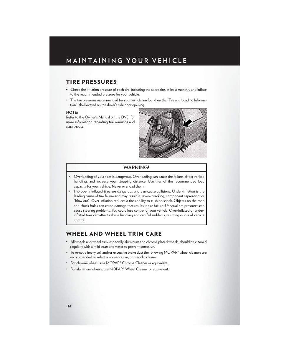 Tire pressures, Wheel and wheel trim care, Tire pressures wheel and wheel trim care | Chrysler 2013 300 SRT - User Guide User Manual | Page 116 / 132