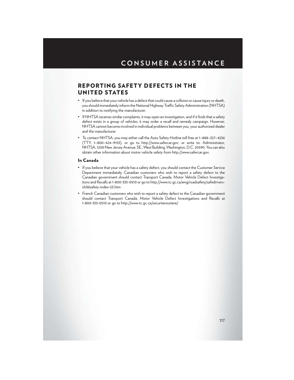 Reporting safety defects in the united states, In canada | Chrysler 2013 300 SRT - User Guide User Manual | Page 119 / 132