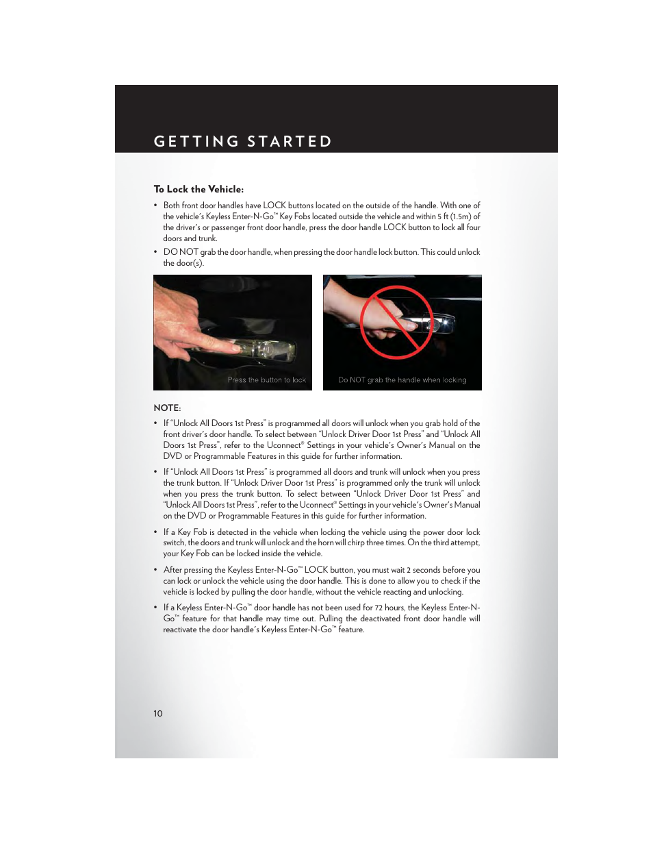 To lock the vehicle | Chrysler 2013 300 SRT - User Guide User Manual | Page 12 / 132
