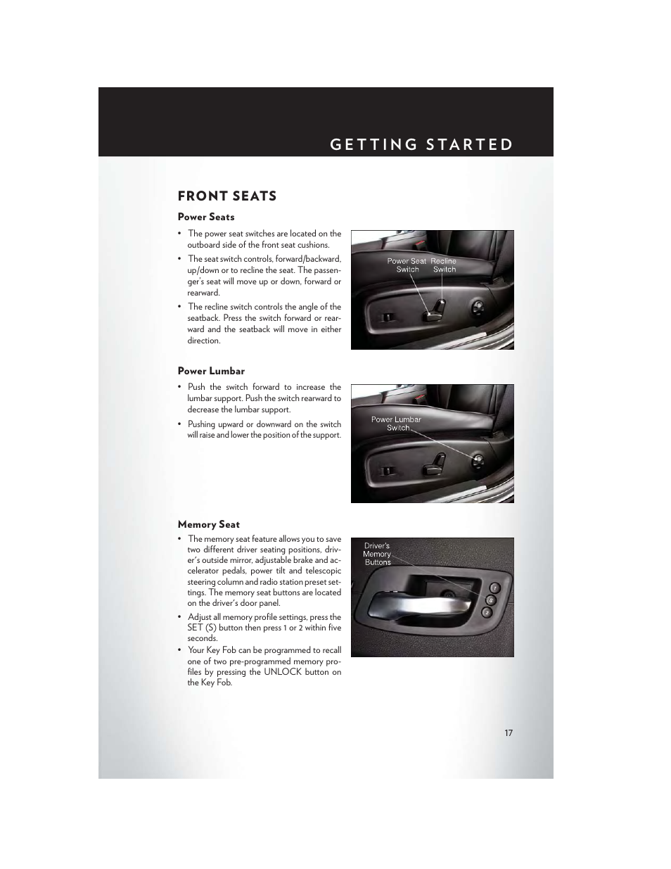 Front seats, Power seats, Power lumbar | Memory seat | Chrysler 2013 300 SRT - User Guide User Manual | Page 19 / 132