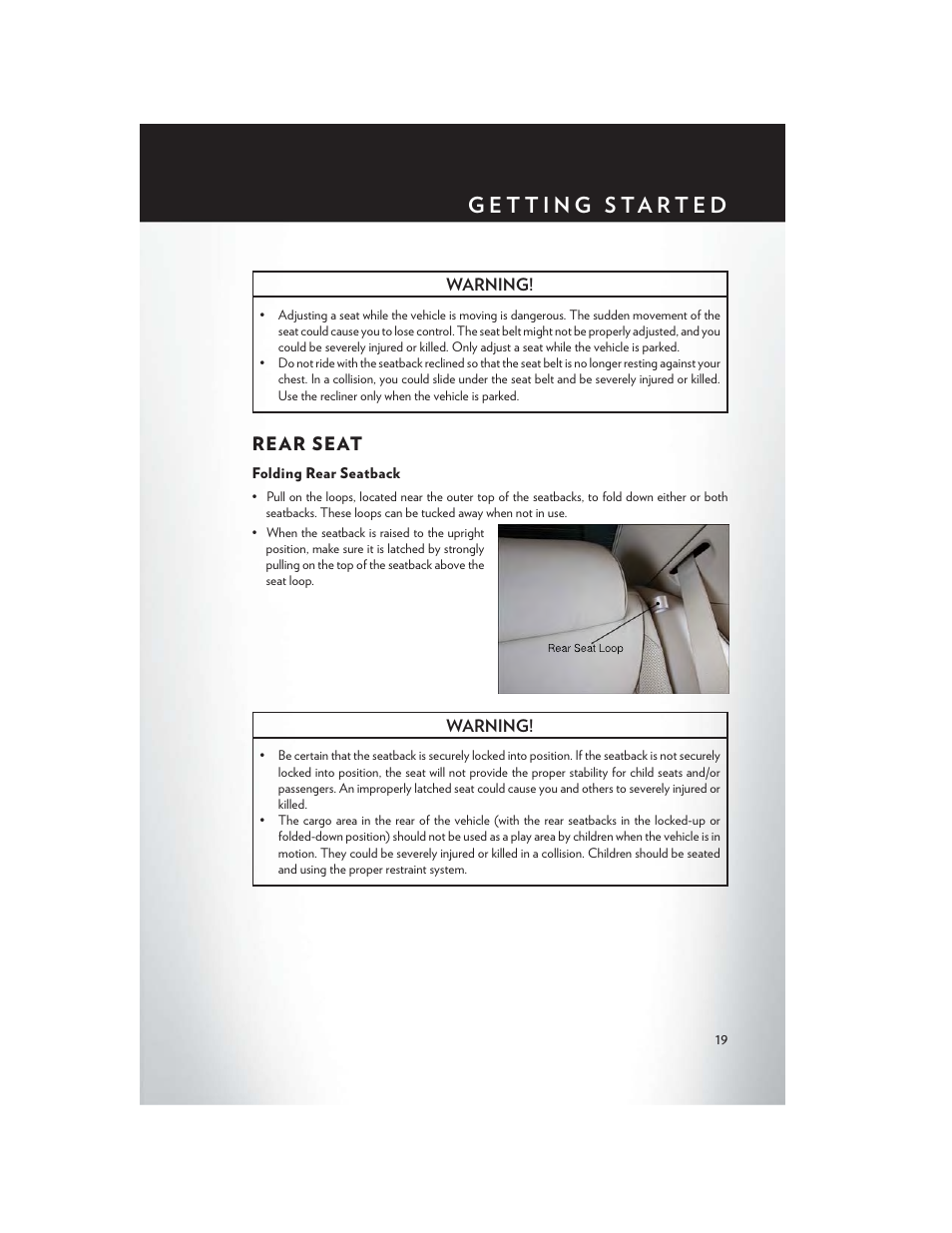 Rear seat, Folding rear seatback | Chrysler 2013 300 SRT - User Guide User Manual | Page 21 / 132