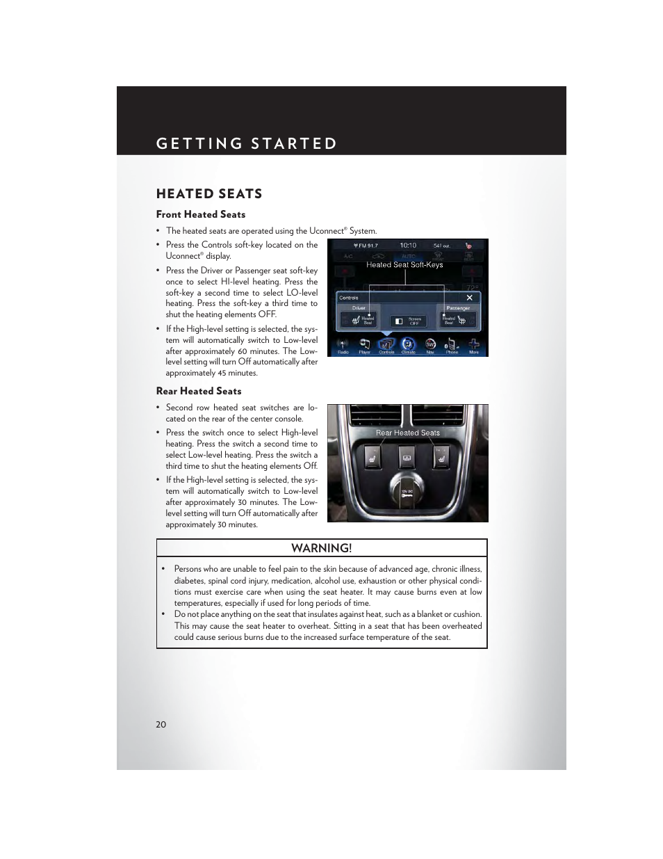 Heated seats, Front heated seats, Rear heated seats | Chrysler 2013 300 SRT - User Guide User Manual | Page 22 / 132
