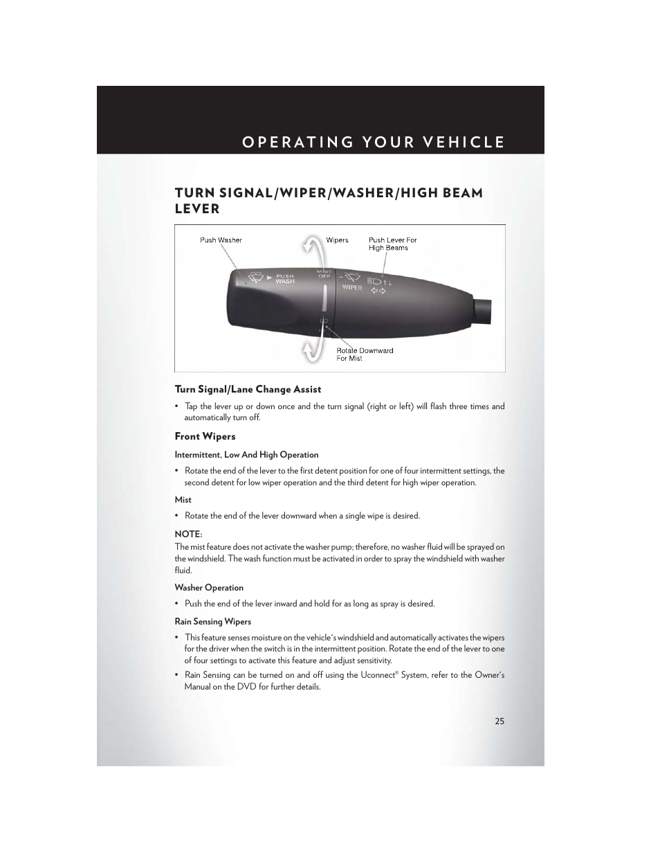 Turn signal/wiper/washer/high beam lever, Turn signal/lane change assist, Front wipers | Turn signal /wiper/washer/high beam lever | Chrysler 2013 300 SRT - User Guide User Manual | Page 27 / 132