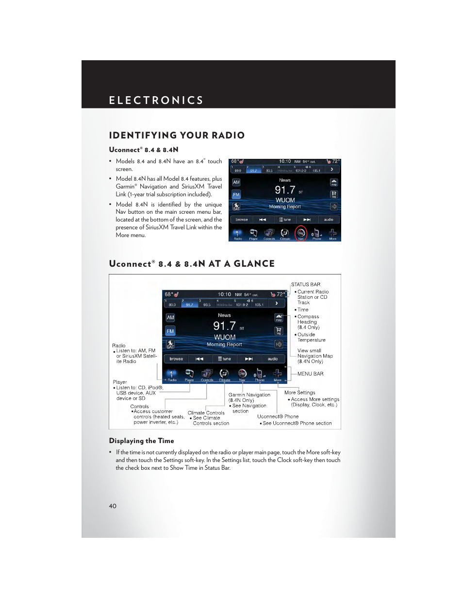 Identifying your radio, Uconnect® 8.4 & 8.4n, Uconnect® 8.4 & 8.4n at a glance | Displaying the time | Chrysler 2013 300 SRT - User Guide User Manual | Page 42 / 132