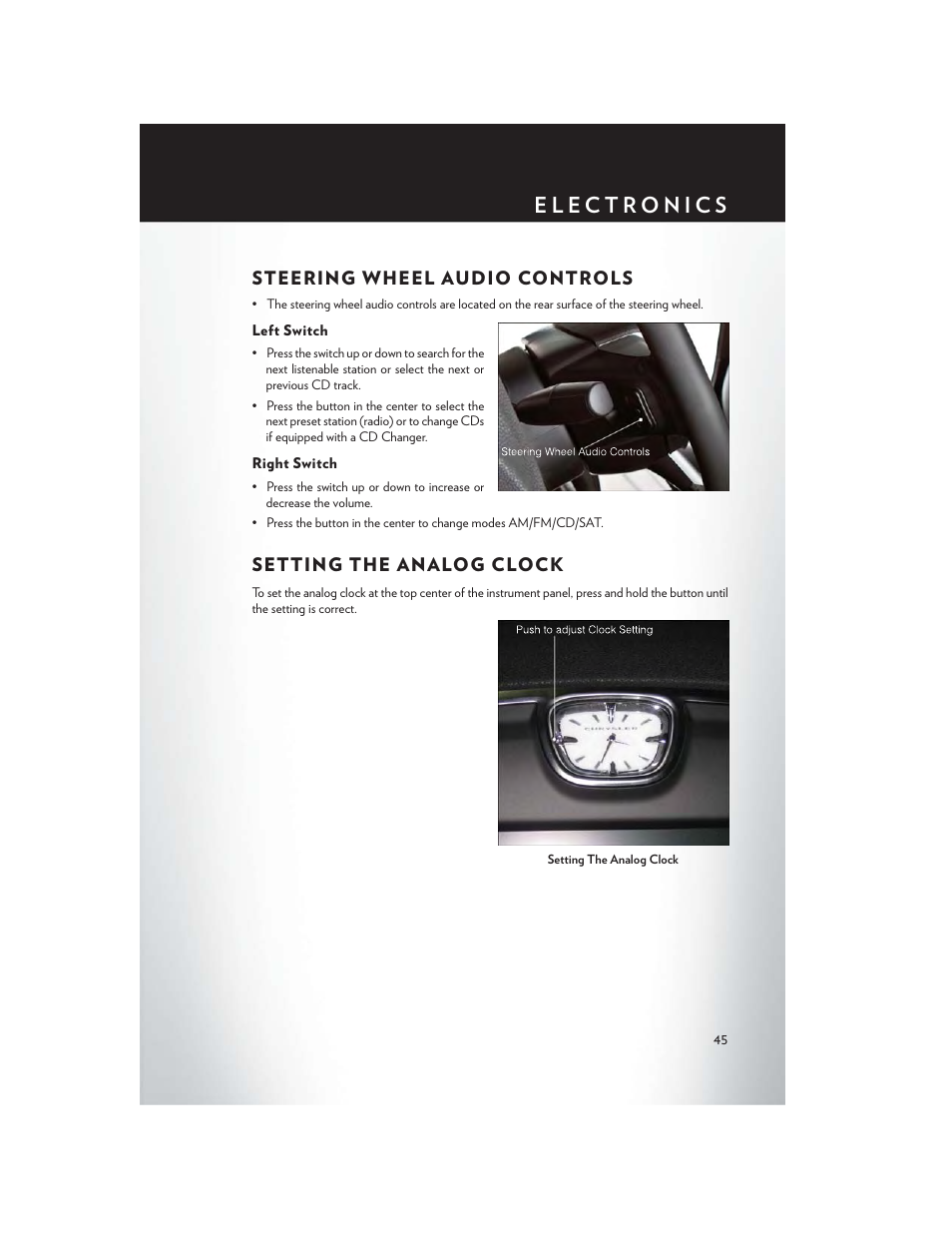 Steering wheel audio controls, Left switch, Right switch | Setting the analog clock | Chrysler 2013 300 SRT - User Guide User Manual | Page 47 / 132