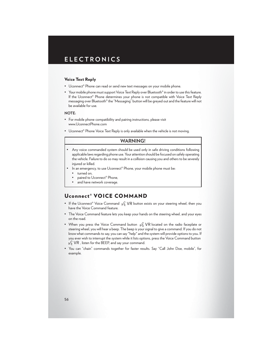 Voice text reply, Uconnect® voice command | Chrysler 2013 300 SRT - User Guide User Manual | Page 58 / 132