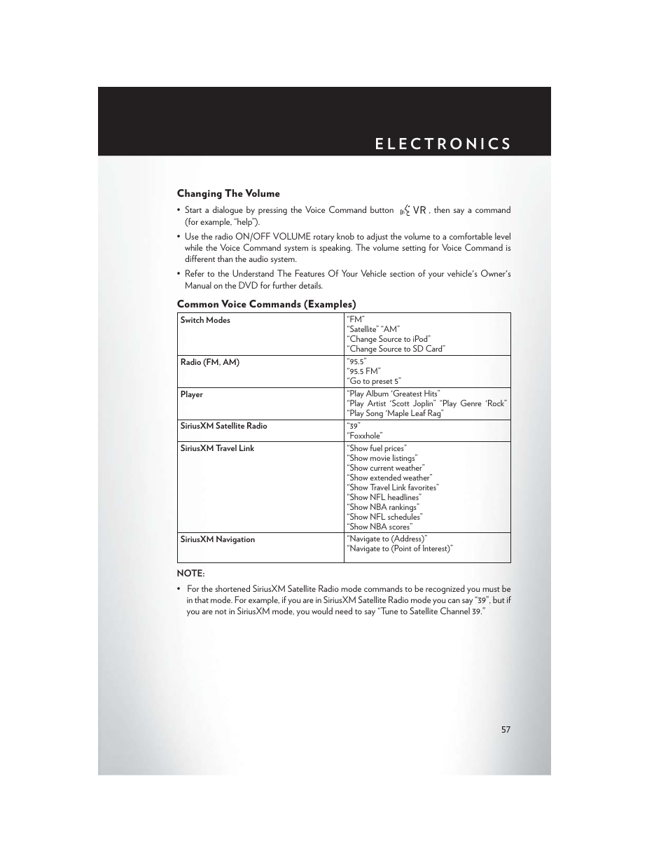 Changing the volume, Common voice commands (examples) | Chrysler 2013 300 SRT - User Guide User Manual | Page 59 / 132