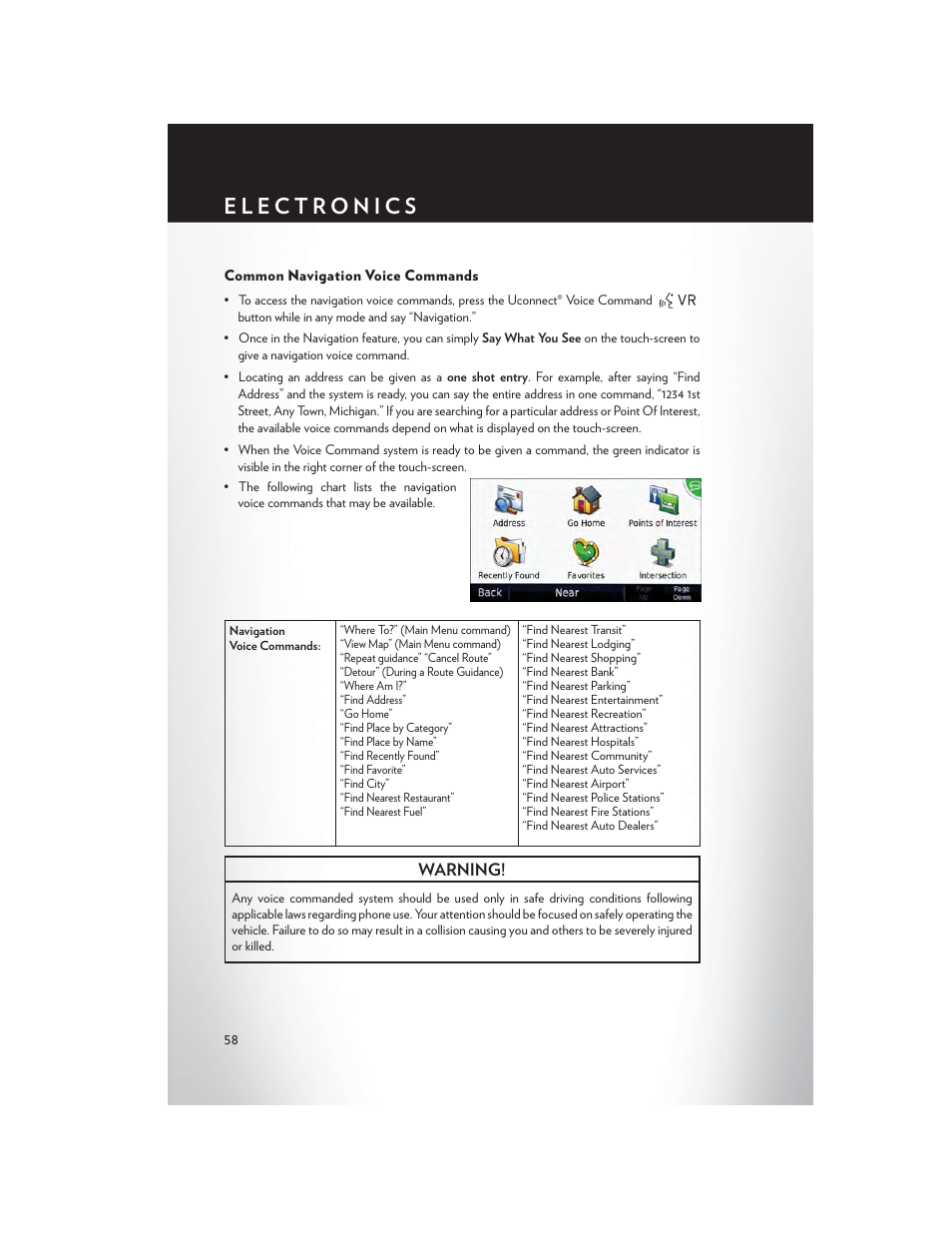 Common navigation voice commands | Chrysler 2013 300 SRT - User Guide User Manual | Page 60 / 132