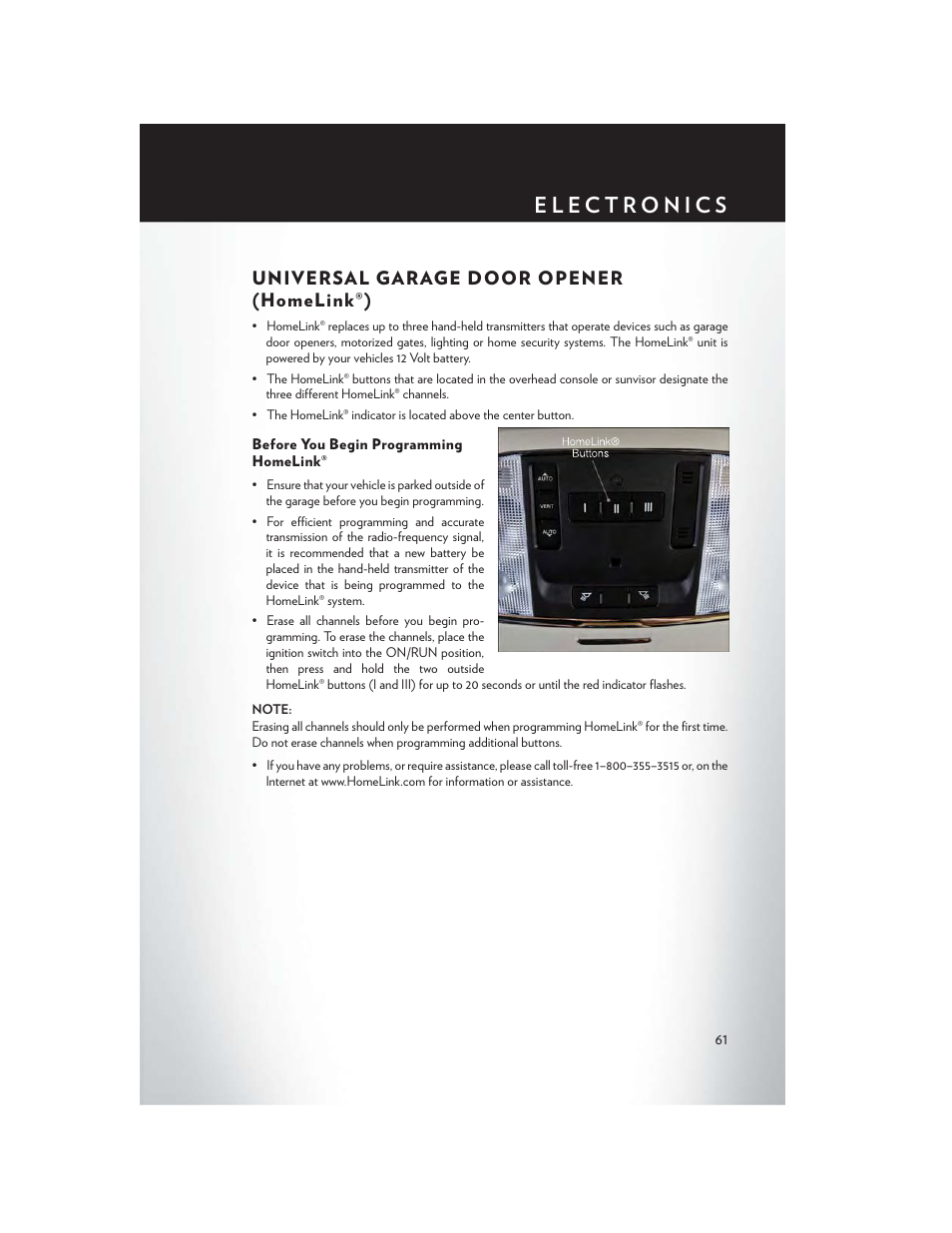 Universal garage door opener (homelink®), Before you begin programming homelink | Chrysler 2013 300 SRT - User Guide User Manual | Page 63 / 132