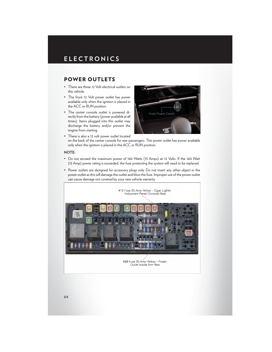 Power outlets | Chrysler 2013 300 SRT - User Guide User Manual | Page 66 / 132