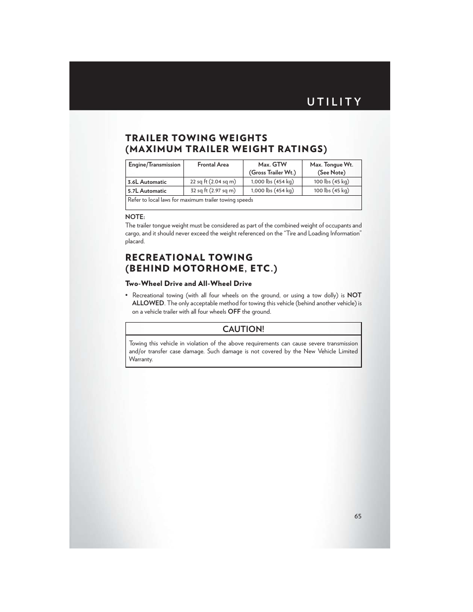 Utility, Recreational towing (behind motorhome, etc.), Two-wheel drive and all-wheel drive | Caution | Chrysler 2013 300 SRT - User Guide User Manual | Page 67 / 132