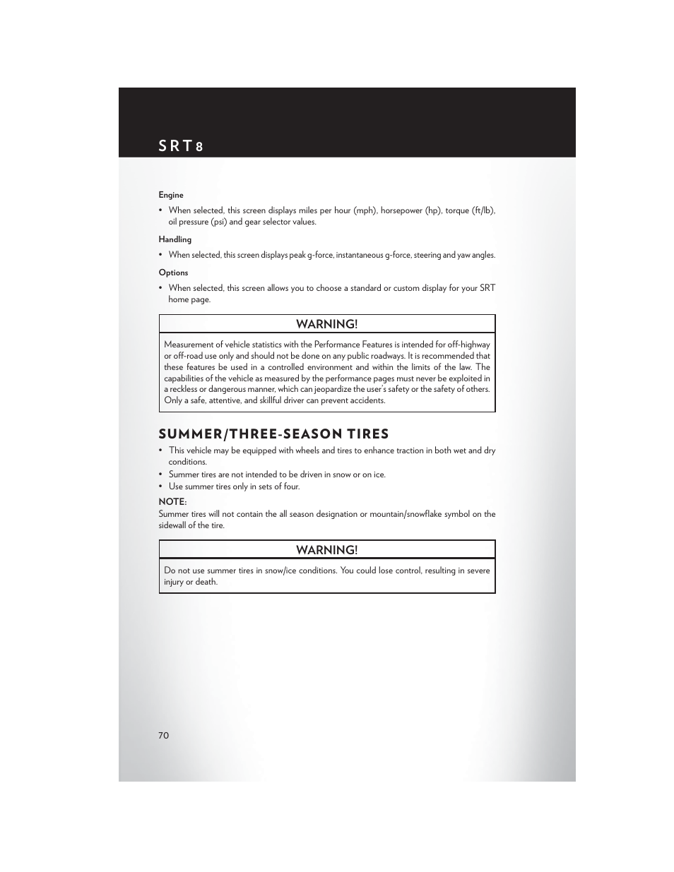 Summer/three-season tires, S r t 8 | Chrysler 2013 300 SRT - User Guide User Manual | Page 72 / 132