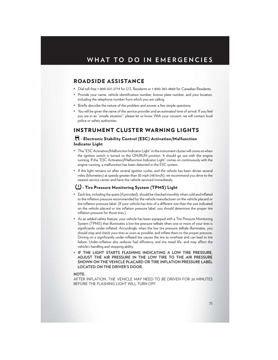What to do in emergencies, Roadside assistance, Instrument cluster warning lights | Tire pressure monitoring system (tpms) light | Chrysler 2013 300 SRT - User Guide User Manual | Page 73 / 132