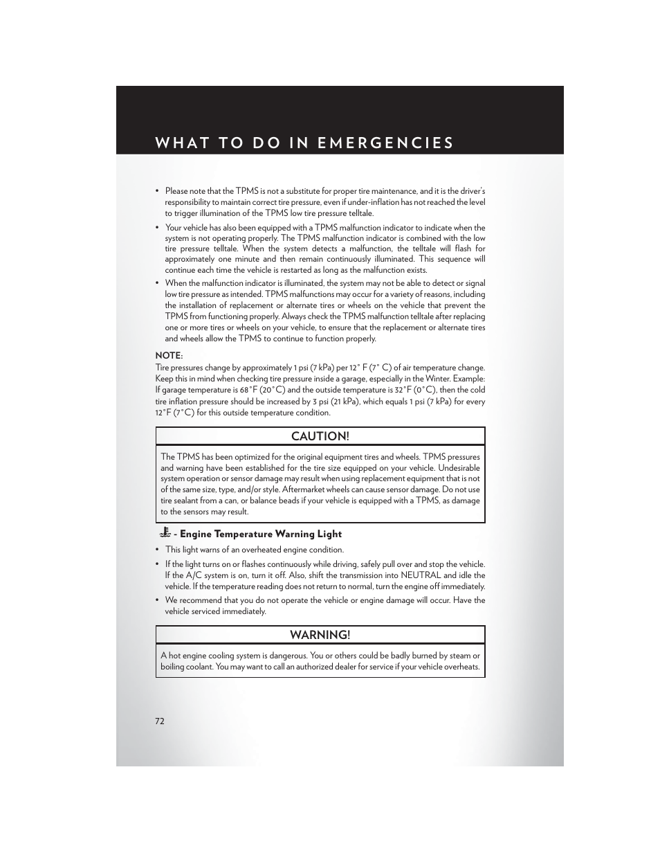 Engine temperature warning light | Chrysler 2013 300 SRT - User Guide User Manual | Page 74 / 132
