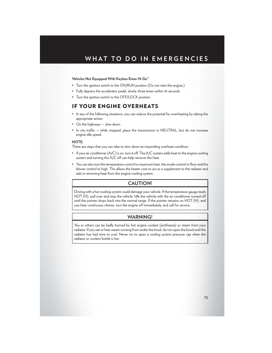 If your engine overheats | Chrysler 2013 300 SRT - User Guide User Manual | Page 77 / 132