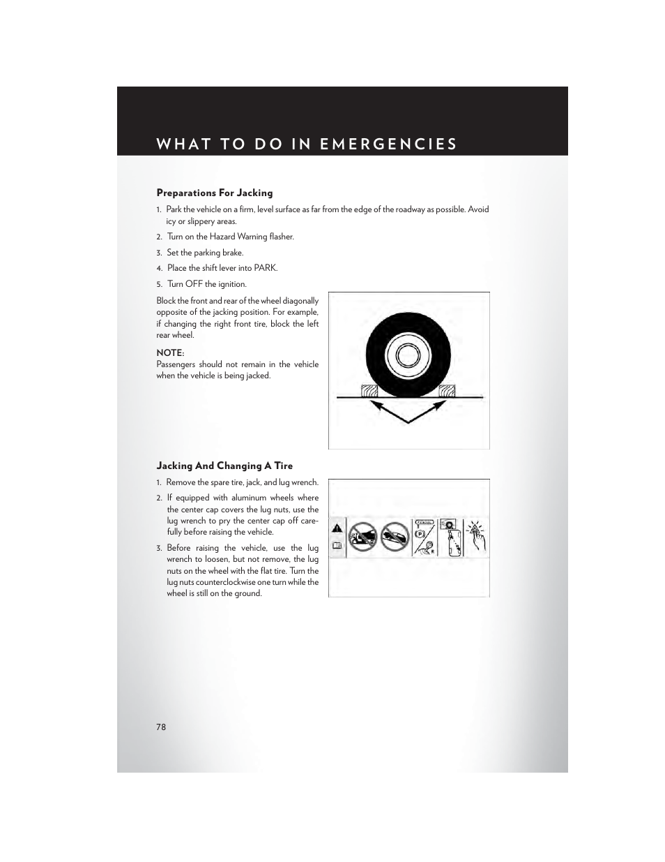 Preparations for jacking, Jacking and changing a tire | Chrysler 2013 300 SRT - User Guide User Manual | Page 80 / 132
