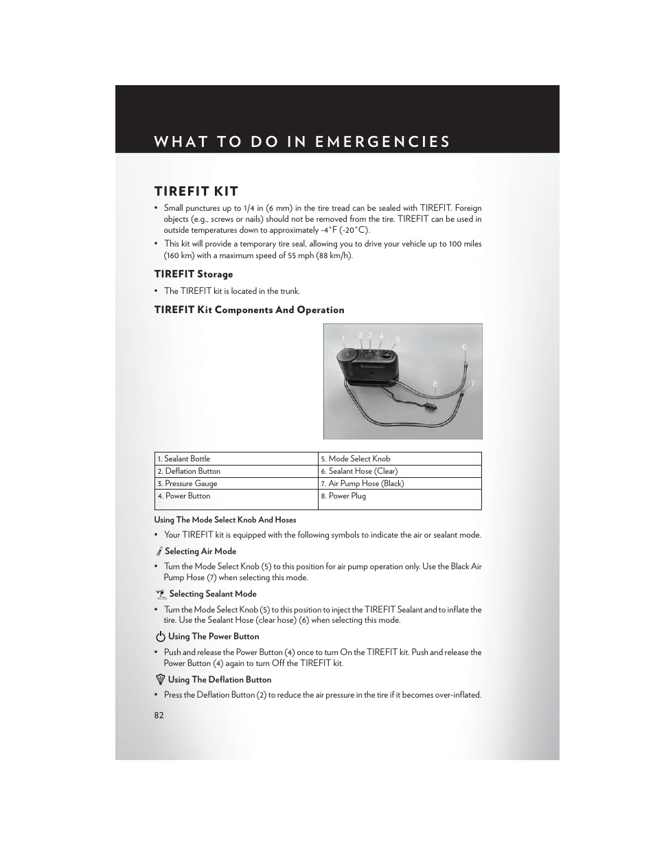Tirefit kit, Tirefit storage, Tirefit kit components and operation | Chrysler 2013 300 SRT - User Guide User Manual | Page 84 / 132