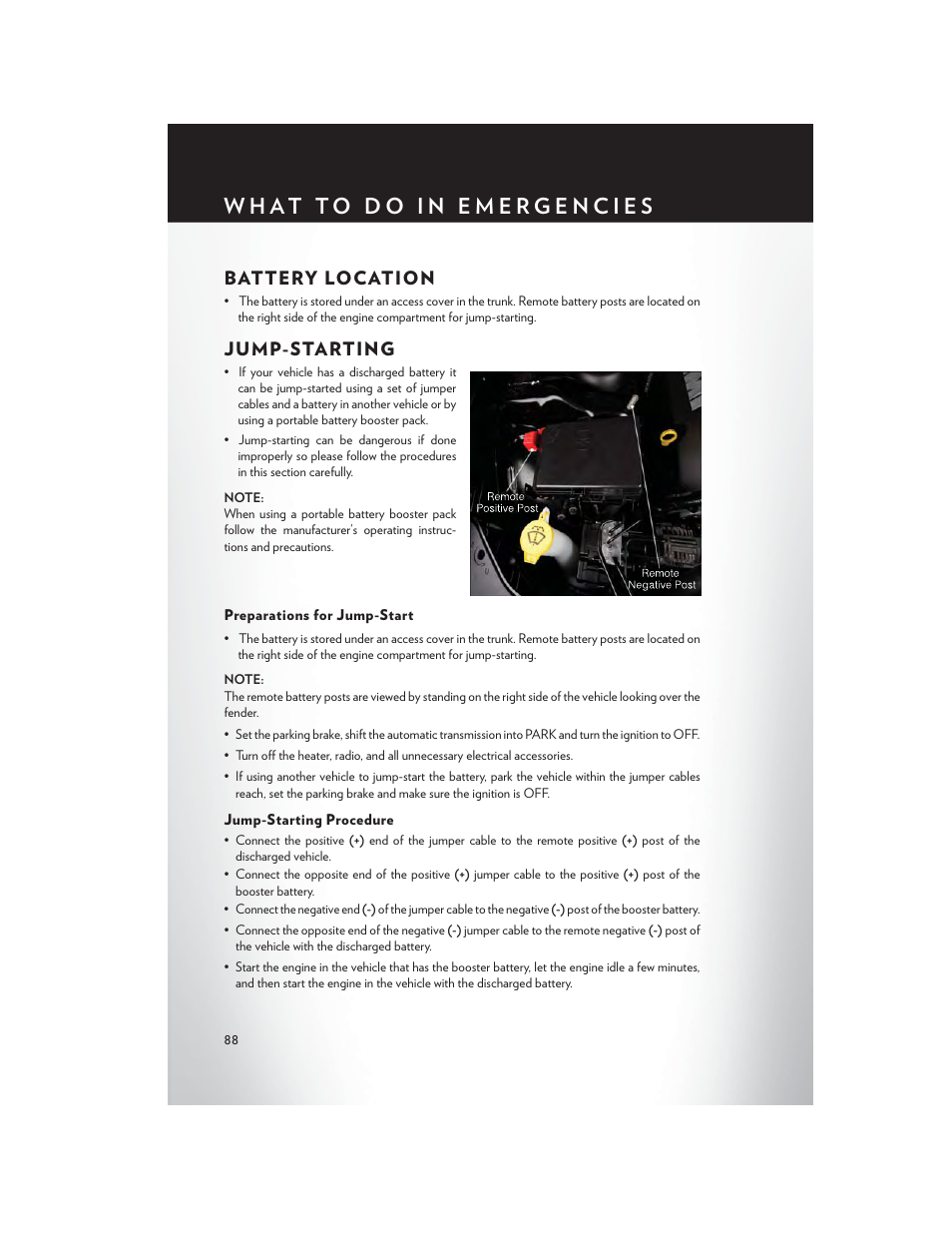 Battery location, Jump-starting, Preparations for jump-start | Jump-starting procedure, Battery location jump-starting | Chrysler 2013 300 SRT - User Guide User Manual | Page 90 / 132