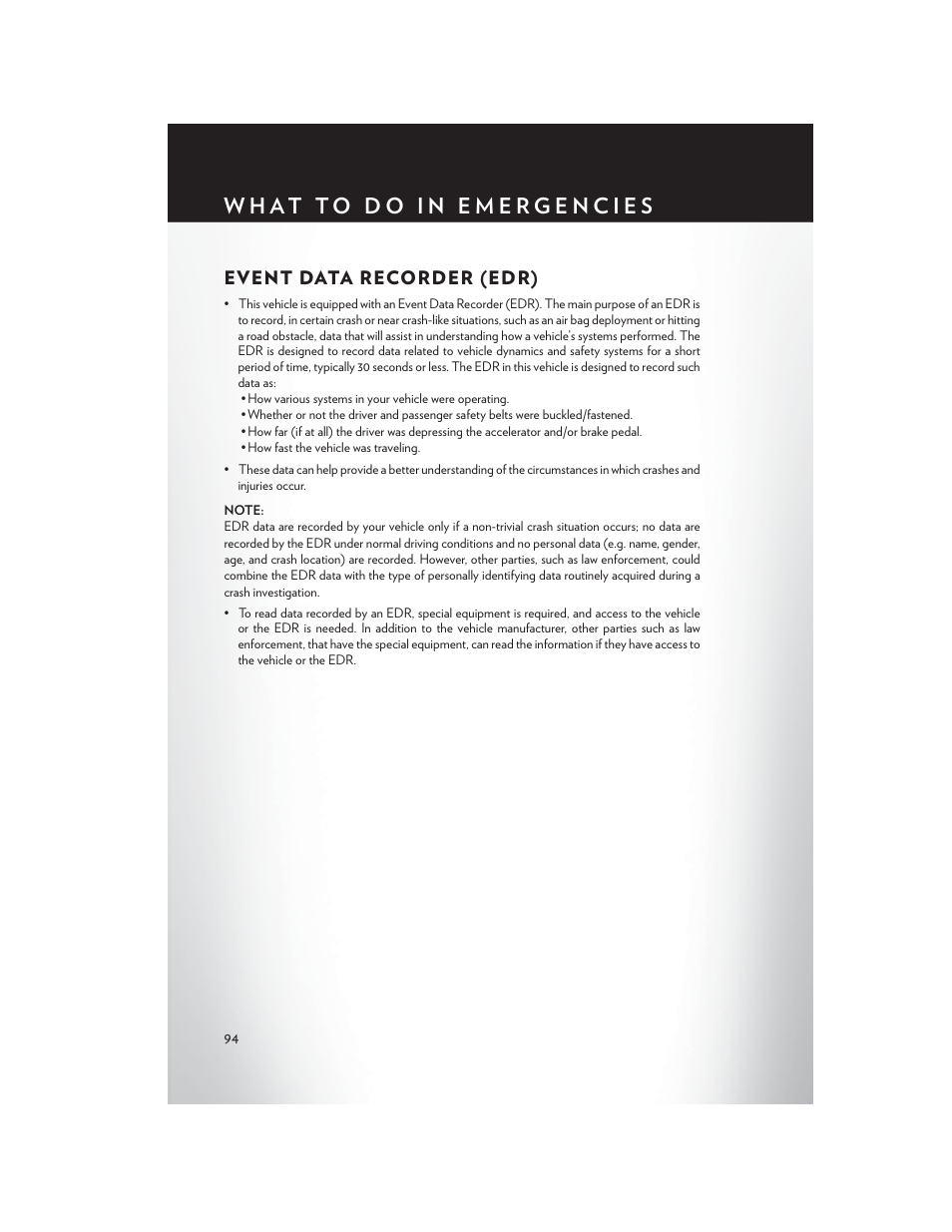 Event data recorder (edr) | Chrysler 2013 300 SRT - User Guide User Manual | Page 96 / 132