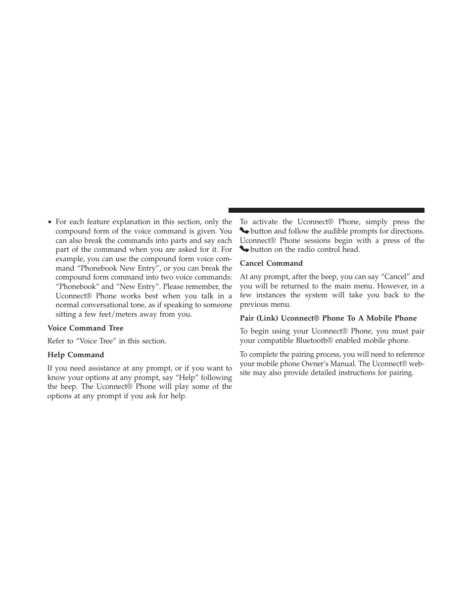 Voice command tree, Help command, Cancel command | Pair (link) uconnect® phone to a mobile phone | Chrysler 2013 200 - Owner Manual User Manual | Page 116 / 517