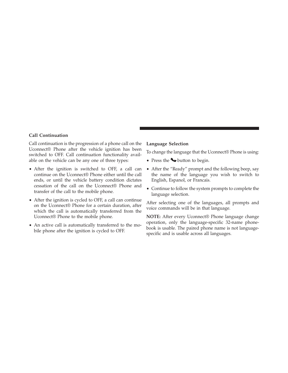 Call continuation, Uconnect® phone features, Language selection | Chrysler 2013 200 - Owner Manual User Manual | Page 126 / 517