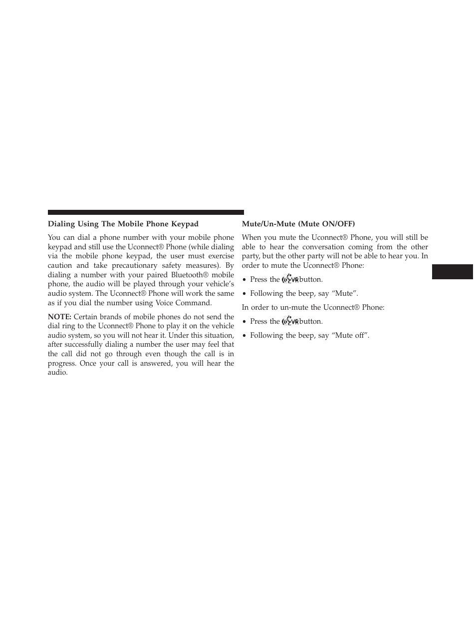 Dialing using the mobile phone keypad, Mute/un-mute (mute on/off) | Chrysler 2013 200 - Owner Manual User Manual | Page 131 / 517