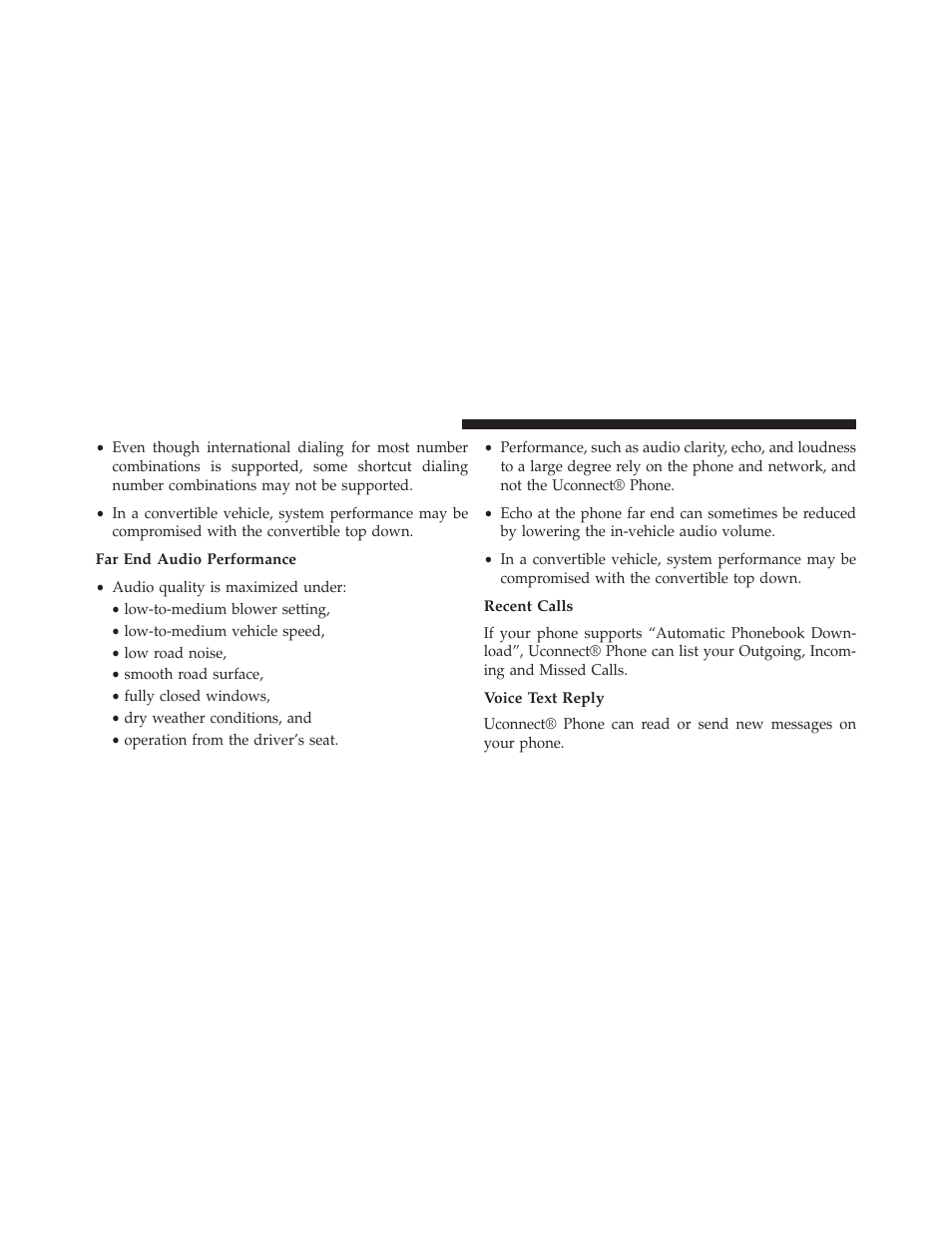 Far end audio performance, Recent calls, Voice text reply | Chrysler 2013 200 - Owner Manual User Manual | Page 136 / 517