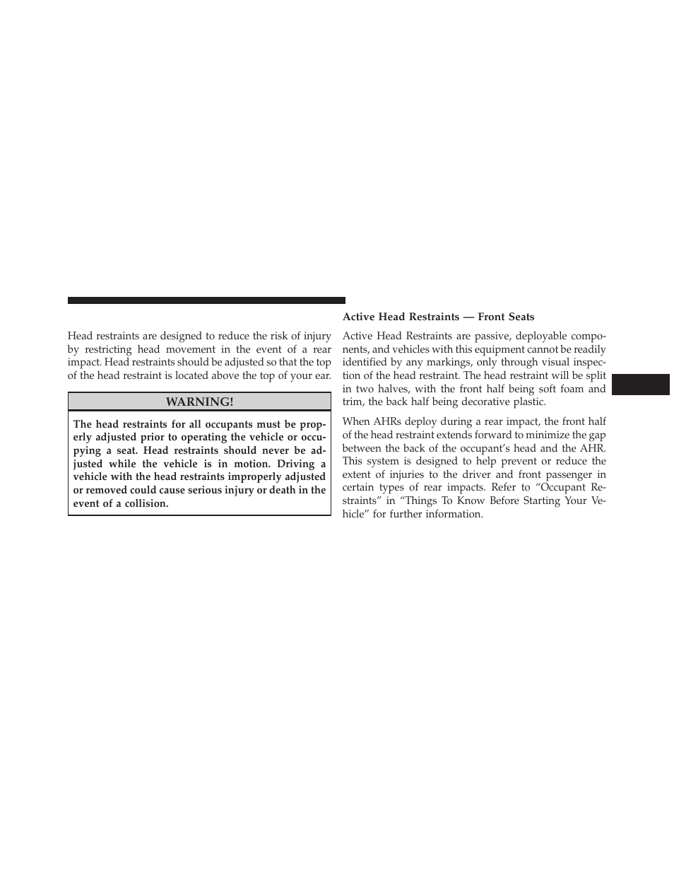 Head restraints, Active head restraints — front seats | Chrysler 2013 200 - Owner Manual User Manual | Page 159 / 517