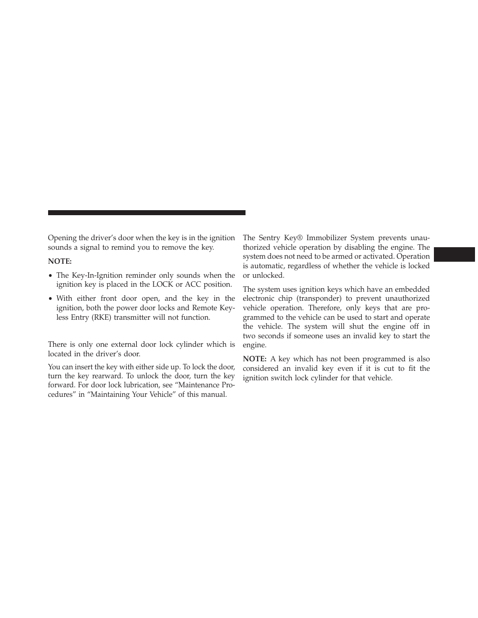 Key-in-ignition reminder, Locking the doors with the key, Sentry key | Chrysler 2013 200 - Owner Manual User Manual | Page 17 / 517