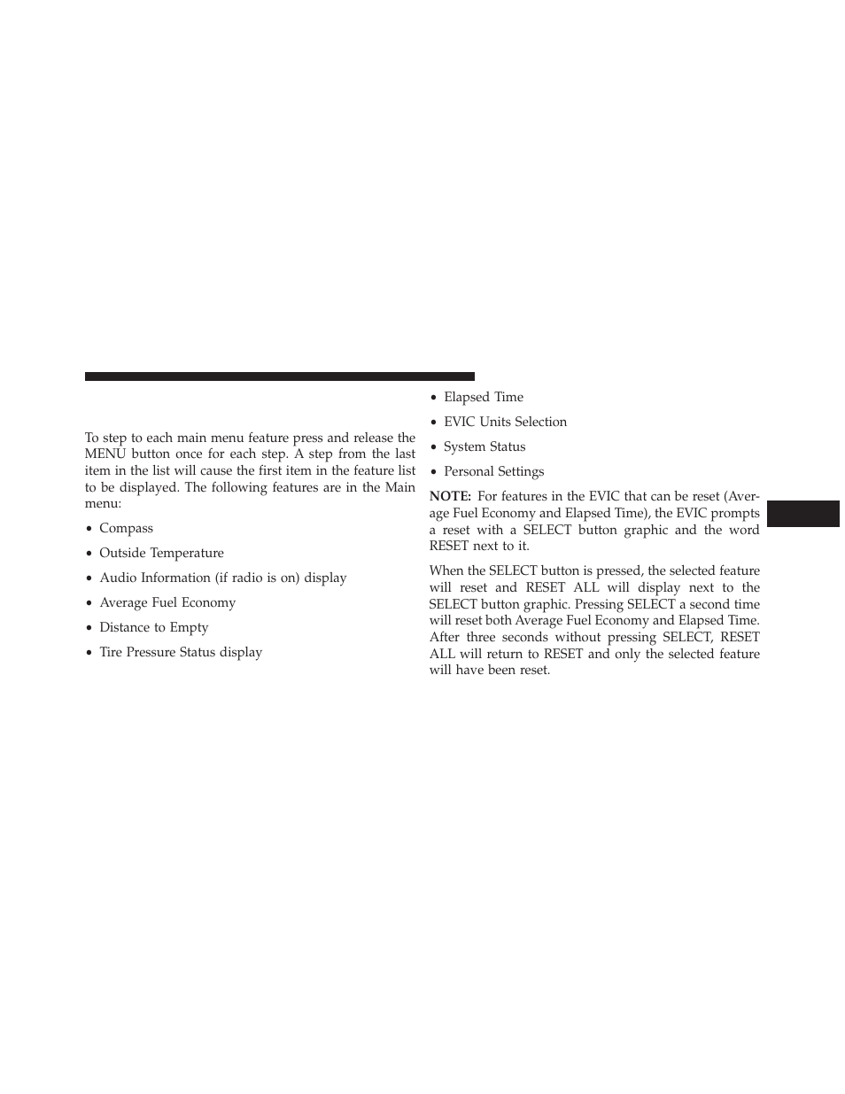Electronic vehicle information, Center (evic) main menu | Chrysler 2013 200 - Owner Manual User Manual | Page 233 / 517