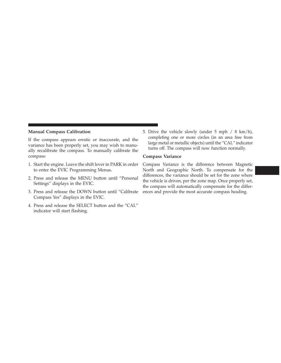 Manual compass calibration, Compass variance | Chrysler 2013 200 - Owner Manual User Manual | Page 235 / 517