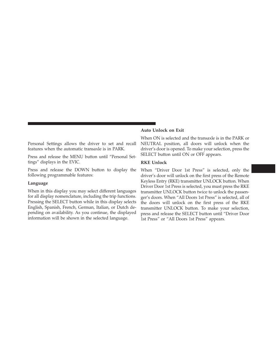 Personal settings (customer-programmable features), Language, Auto unlock on exit | Rke unlock, Personal settings (customer-programmable, Features) | Chrysler 2013 200 - Owner Manual User Manual | Page 239 / 517