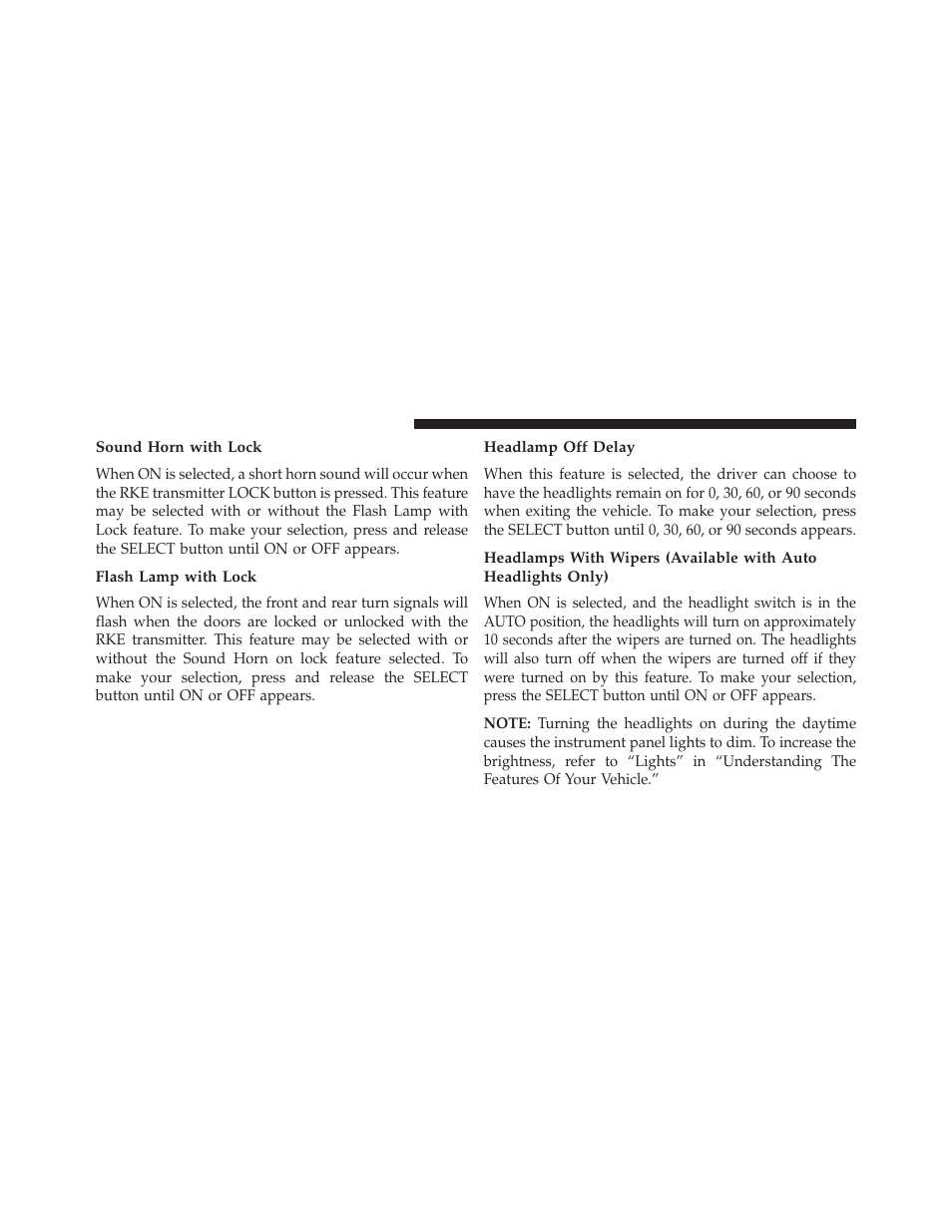Sound horn with lock, Flash lamp with lock, Headlamp off delay | Chrysler 2013 200 - Owner Manual User Manual | Page 240 / 517