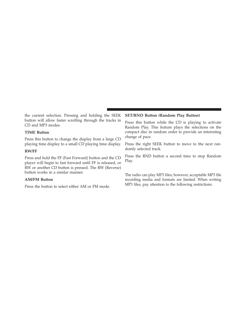 Time button, Rw/ff, Am/fm button | Set/rnd button (random play button), Notes on playing mp3 files | Chrysler 2013 200 - Owner Manual User Manual | Page 248 / 517