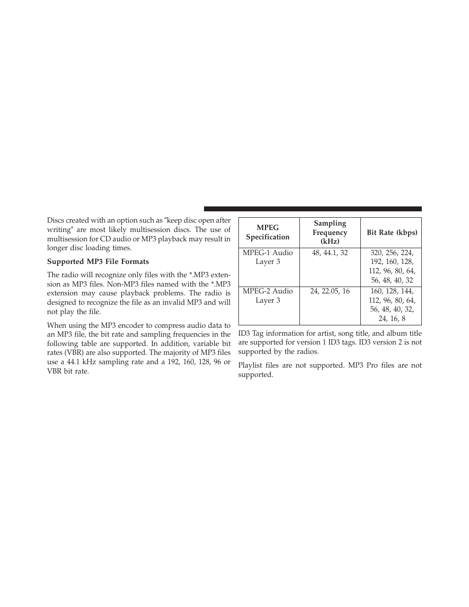 Supported mp3 file formats | Chrysler 2013 200 - Owner Manual User Manual | Page 250 / 517
