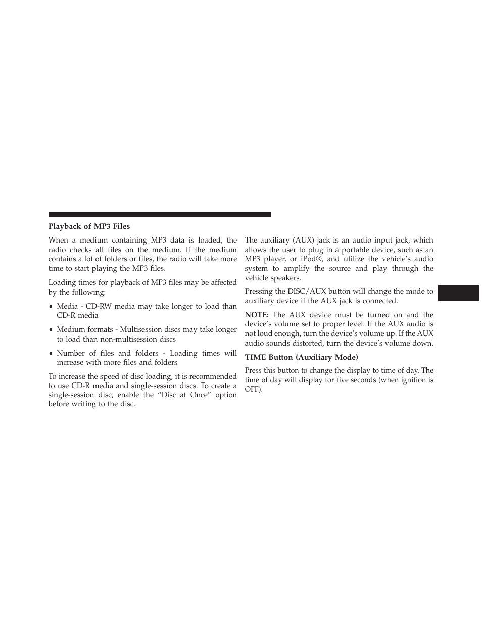 Playback of mp3 files, Operation instructions - auxiliary mode, Time button (auxiliary mode) | Chrysler 2013 200 - Owner Manual User Manual | Page 251 / 517