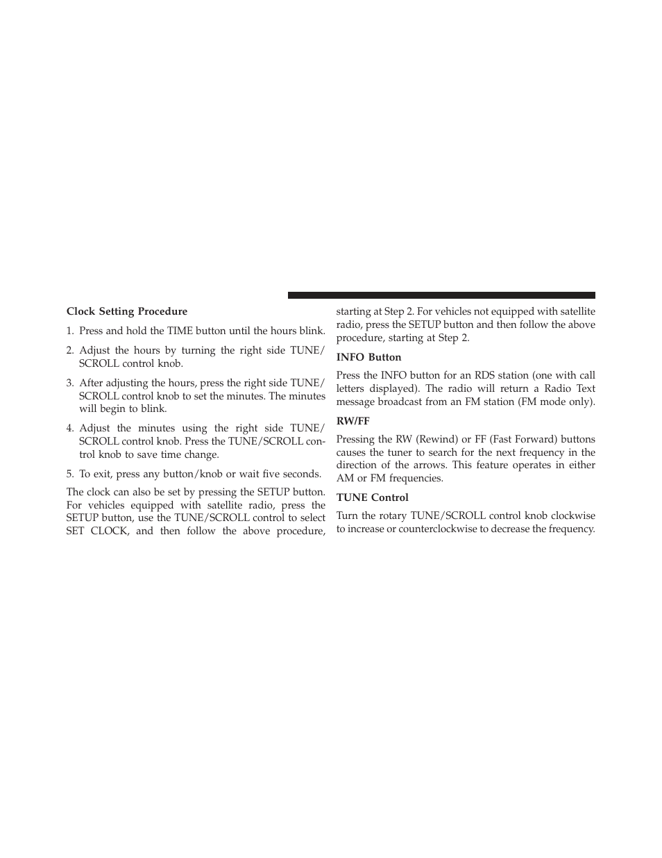 Clock setting procedure, Info button, Rw/ff | Tune control | Chrysler 2013 200 - Owner Manual User Manual | Page 254 / 517