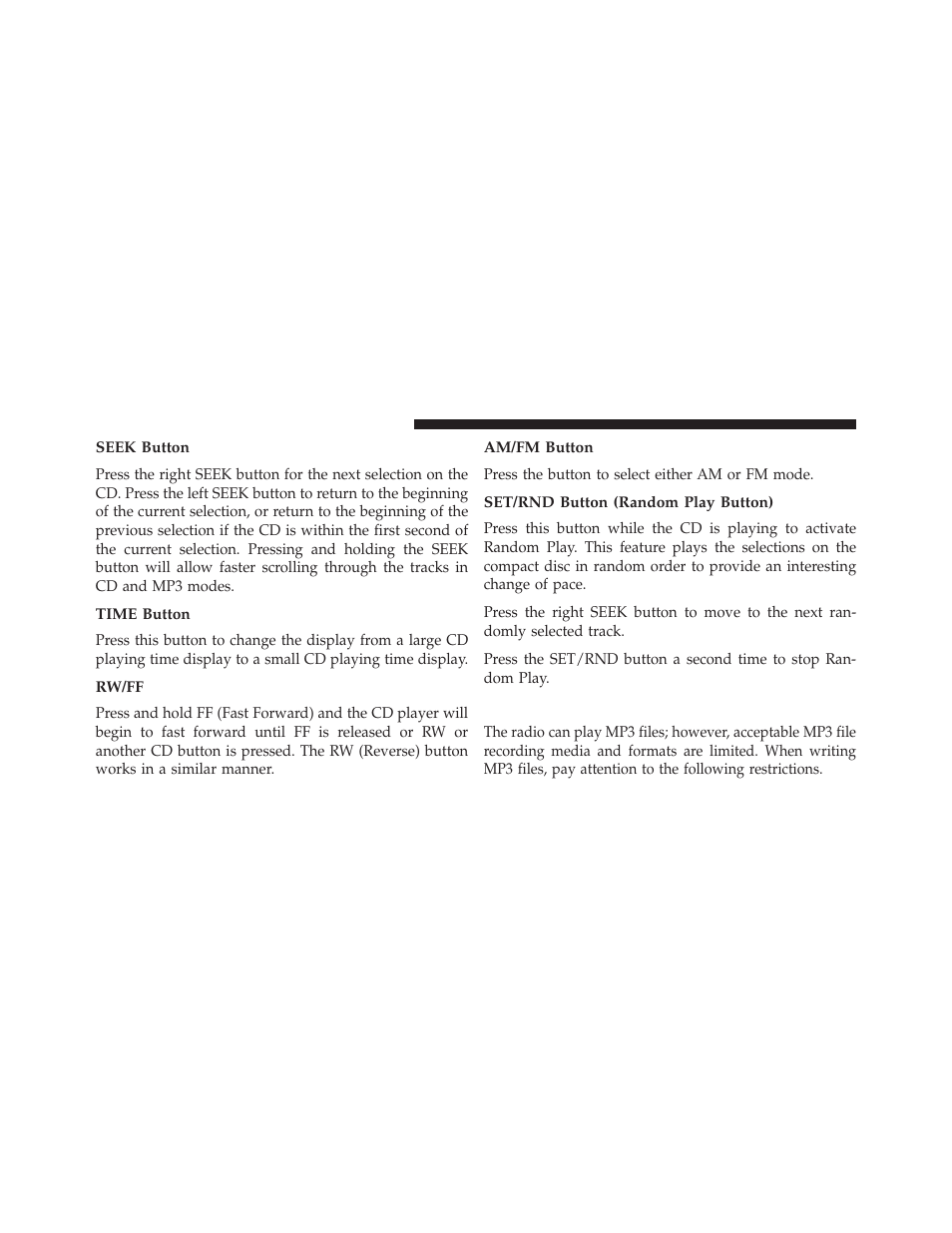 Seek button, Time button, Rw/ff | Am/fm button, Set/rnd button (random play button), Notes on playing mp3 files | Chrysler 2013 200 - Owner Manual User Manual | Page 260 / 517