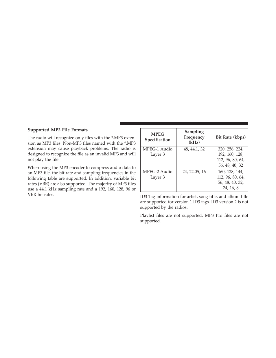 Supported mp3 file formats | Chrysler 2013 200 - Owner Manual User Manual | Page 262 / 517