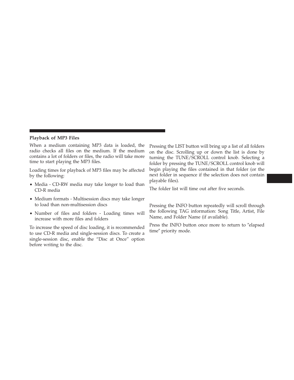 Playback of mp3 files, List button (cd mode for mp3 play), Info button (cd mode for mp3 play) | Chrysler 2013 200 - Owner Manual User Manual | Page 263 / 517