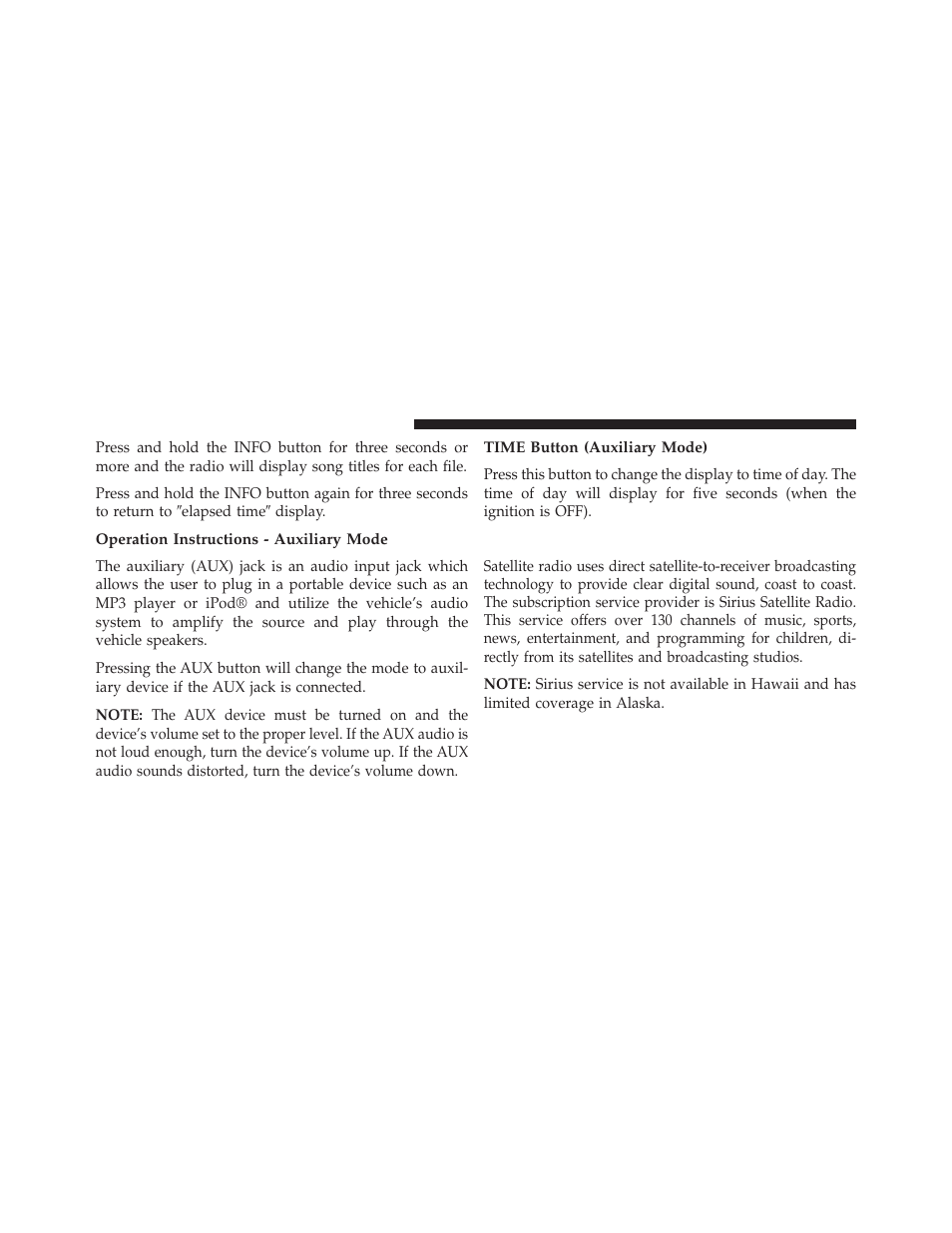 Operation instructions - auxiliary mode, Time button (auxiliary mode), Uconnect® (satellite radio) — if equipped | Chrysler 2013 200 - Owner Manual User Manual | Page 264 / 517