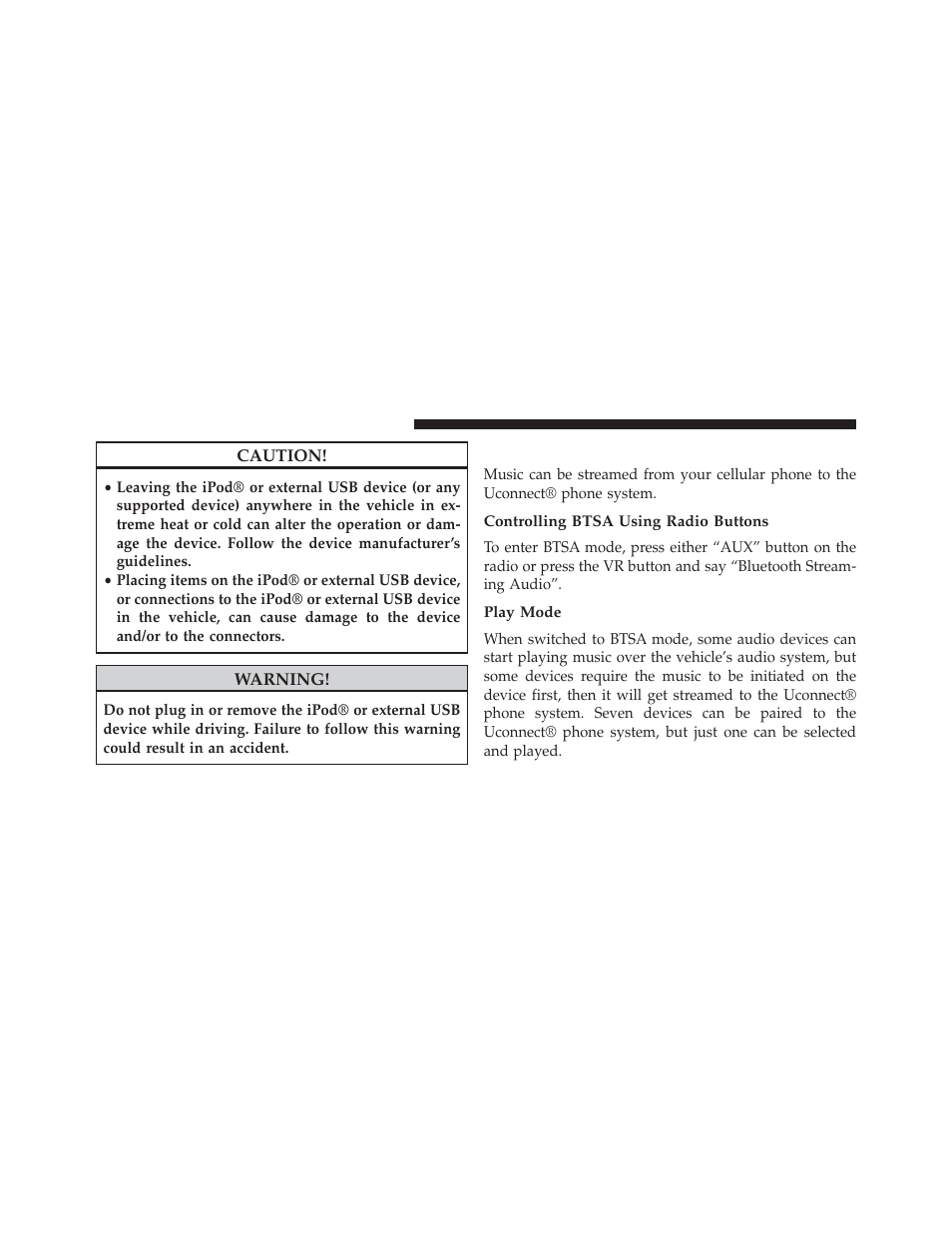 Bluetooth streaming audio (btsa), Controlling btsa using radio buttons, Play mode | Chrysler 2013 200 - Owner Manual User Manual | Page 274 / 517